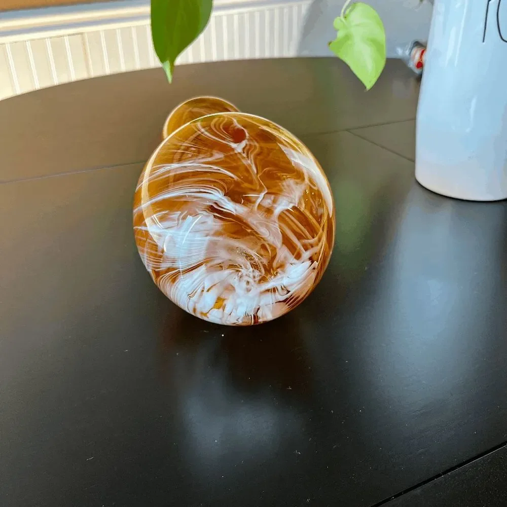 Vintage Huluping Hand Blown Brown and White Swirl Art Glass Hourglass Vase